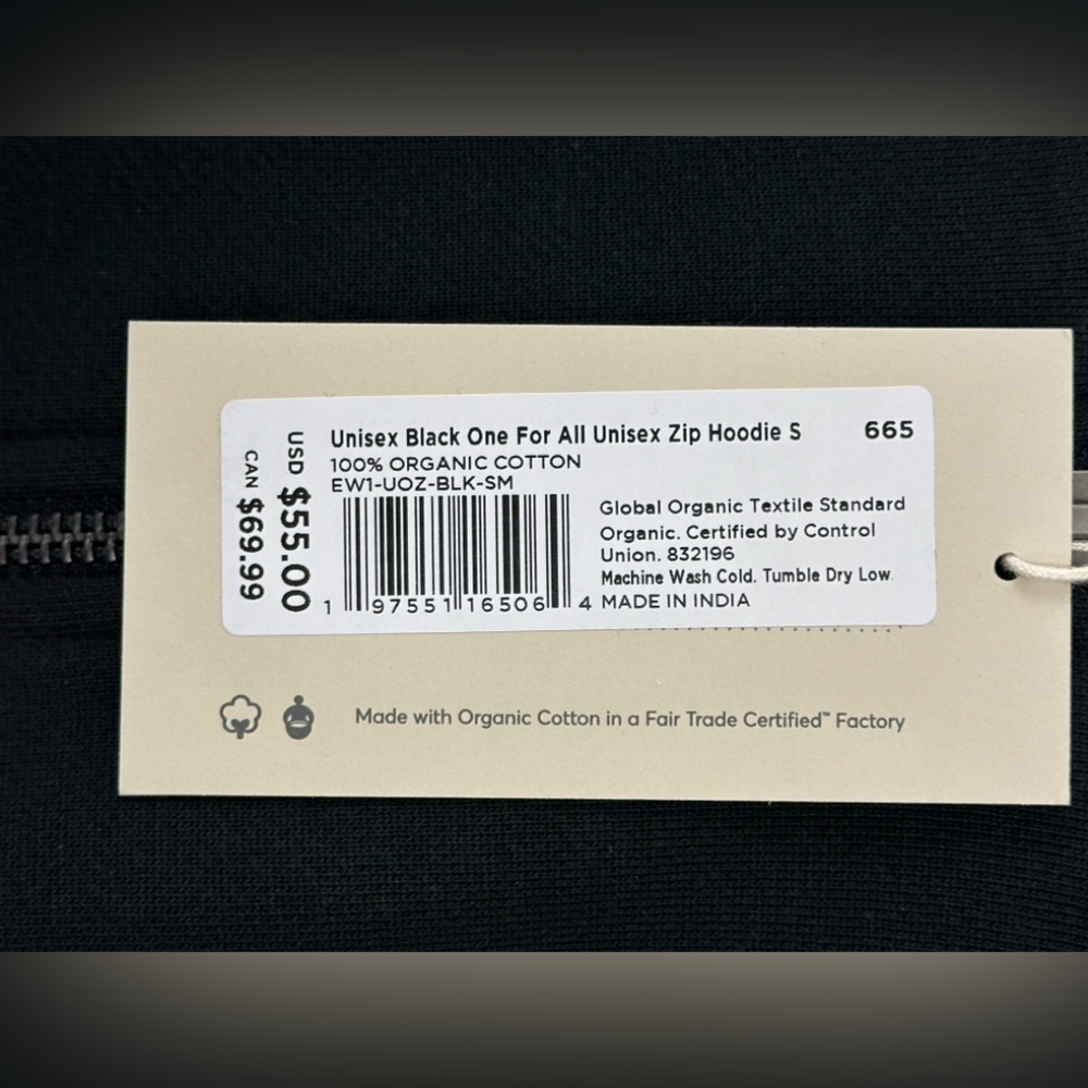 pact Gender Neutral Black One for all Zip Front 100% Organic Cotton Hoodie   NWT - Picture 7 of 11